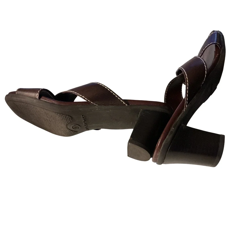 Rockport Brown Leather Crisscross Slide Sandals Block Heel Square Toe Size 7.5M